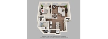 A 3D floor plan of a house with a kitchen, living room, dining room, and bathroom.