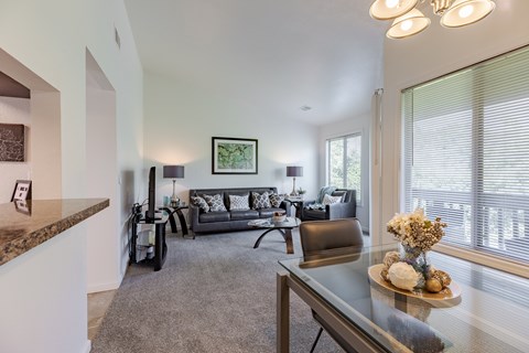 A living room with a grey couch and a coffee table.