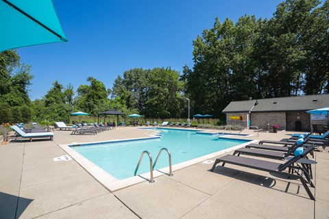 A large outdoor swimming pool surrounded by sun loungers and umbrellas.