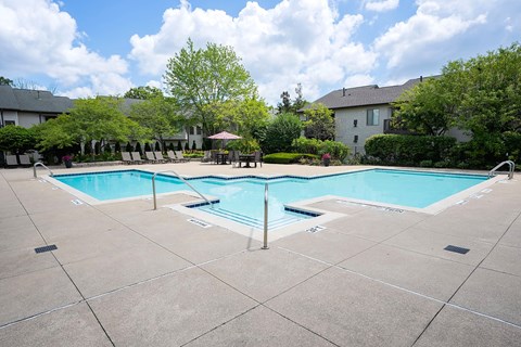 A large outdoor swimming pool surrounded by a concrete patio and a grassy area with trees.