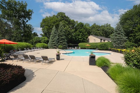 A pool surrounded by trees and chairs.
