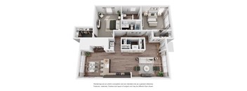 A floor plan of a house with three bedrooms, two bathrooms, a living room, a kitchen, and a dining area.