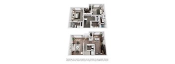 A floor plan of a two-story apartment with a kitchen, living room, bedrooms, and bathrooms.
