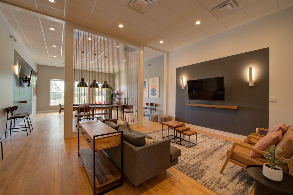 a living room with a couch and a table
