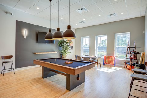 a games room with a pool table and a television