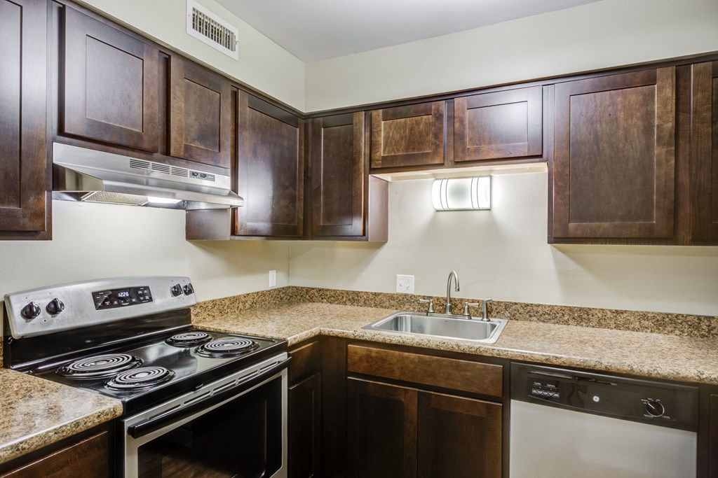 a kitchen with a sink and stove and wooden cabinets