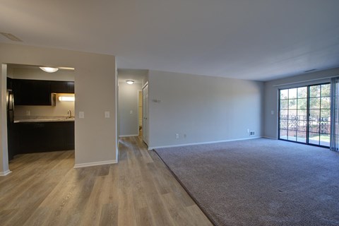 a living room with a carpet and a door to a kitchen