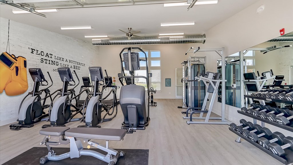 A gym with a variety of equipment including treadmills, weights, and exercise machines.