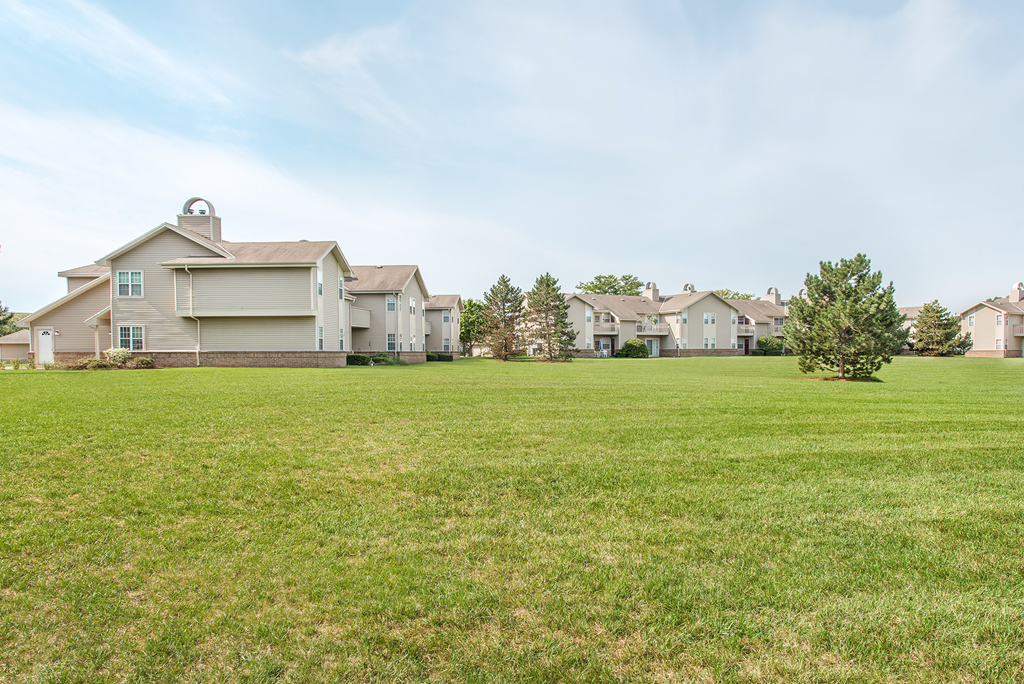 a large lawn in front of a row of houses