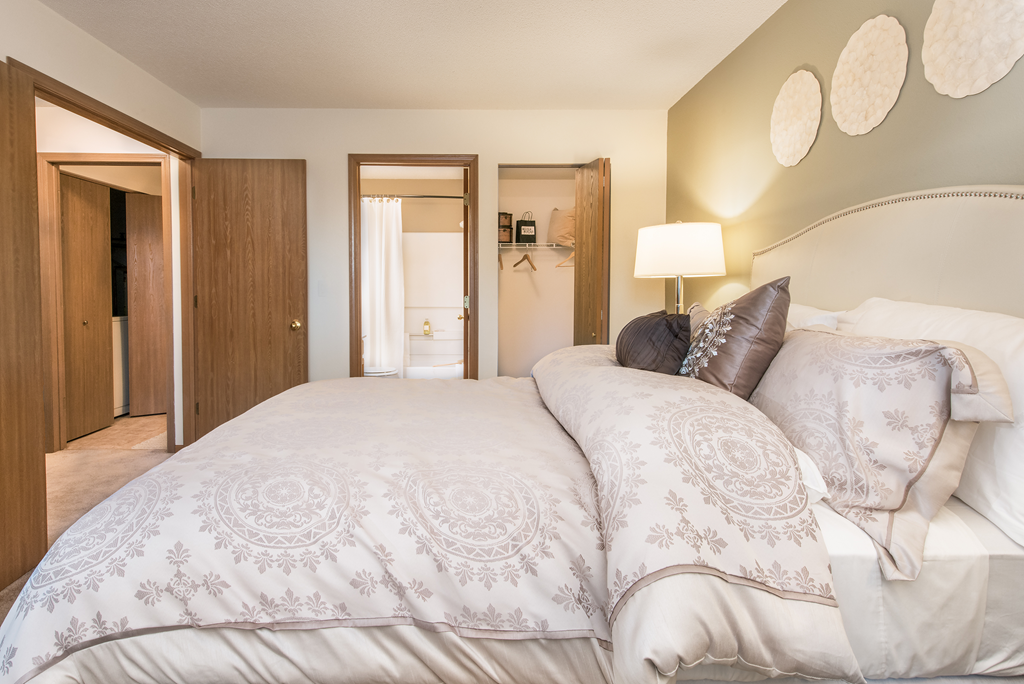 a bedroom with a large bed and a closet