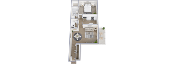 A floor plan of a house with a living room, two bedrooms, a bathroom, and a kitchen.