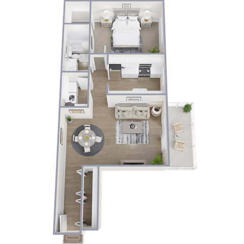 A floor plan of a house with a living room, two bedrooms, a bathroom, and a kitchen.