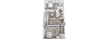 A 3D floor plan of a house with a living room, dining room, kitchen, and two bedrooms.