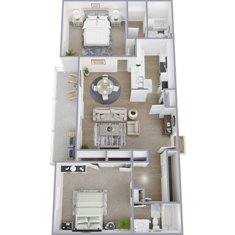 A 3D floor plan of a house with a living room, dining room, kitchen, and two bedrooms.
