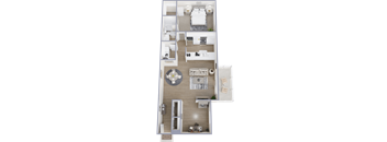 A top-down view of a house layout with a living room, two bedrooms, a kitchen, and a bathroom.