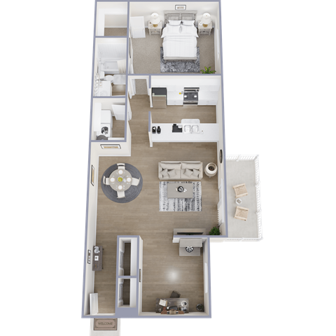 A top-down view of a house layout with a living room, two bedrooms, a kitchen, and a bathroom.