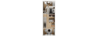 A top-down view of a small apartment with a kitchen, living room, and bathroom.
