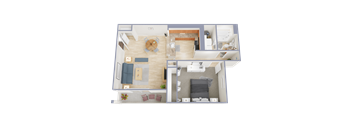 A 3D floor plan of a house showing a living room, kitchen, dining area, and bedrooms.