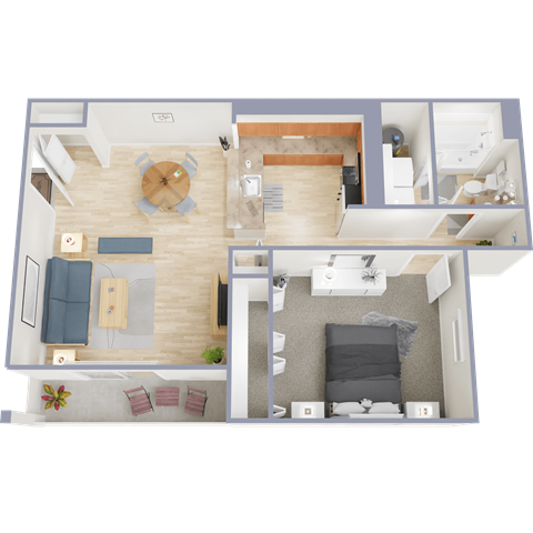 A 3D floor plan of a house showing a living room, kitchen, dining area, and bedrooms.