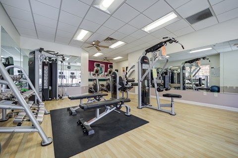 A gym with a variety of equipment including a leg press machine at The Crest at Elm Tree, Pennsylvania