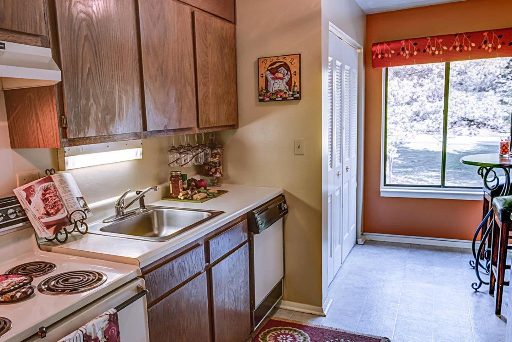 a kitchen with a sink and a window