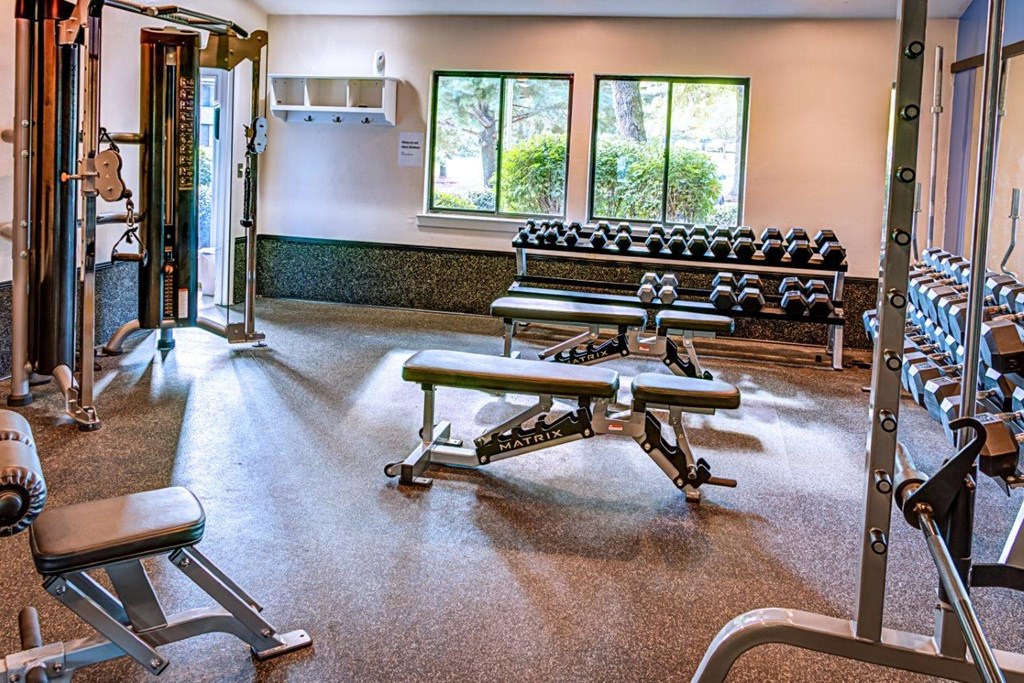 a gym with weights benches and other equipment in it