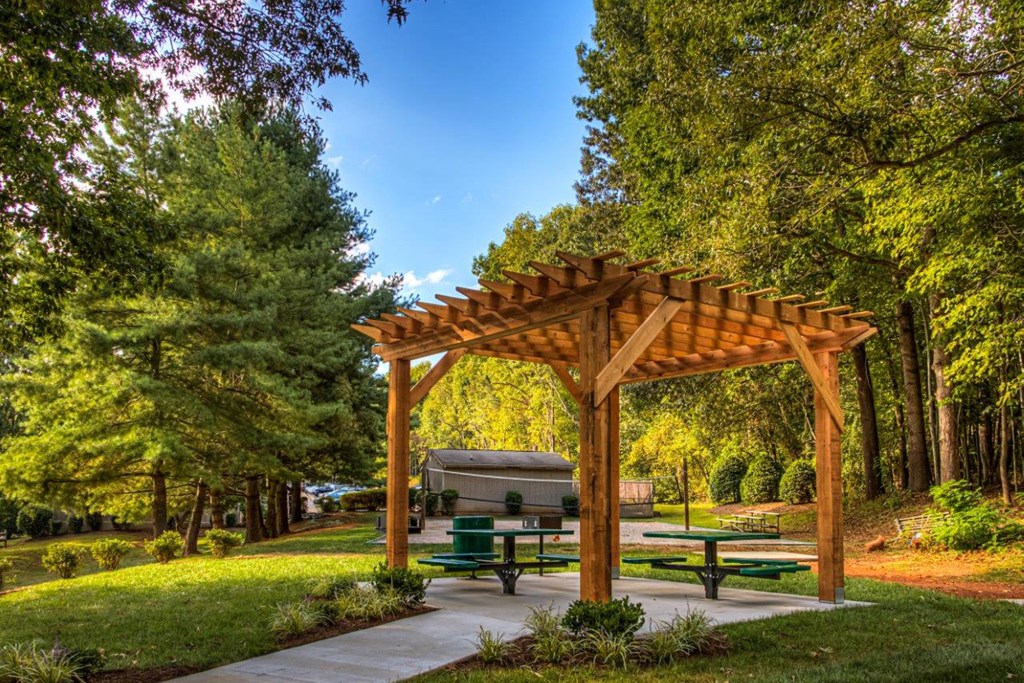 a picnic pavilion with benches in a park