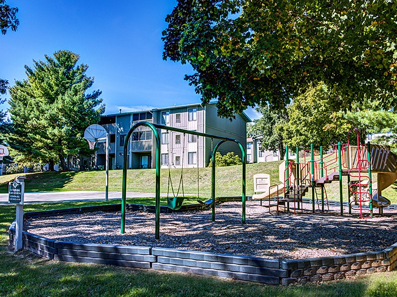 a playground in a park with a building in the background