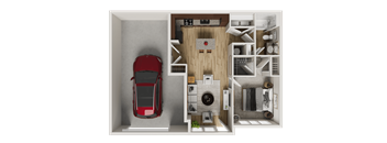 A red car is parked in a garage.