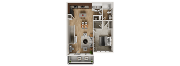 A top-down view of a house layout with a kitchen, living room, and bathroom.