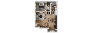 One bedroom apartment 3D floor plan at Woodlands at Abington Station Apartments