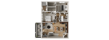A 3D floor plan of a small apartment with a kitchen, living room, and bathroom.