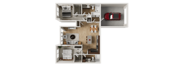Two bedroom apartment 3D floor plan at Woodlands at Abington Station Apartments, Abington, 2351