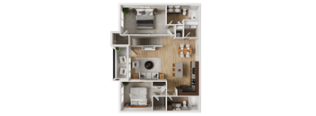 A top-down view of a house layout with a living room, kitchen, and bedrooms.