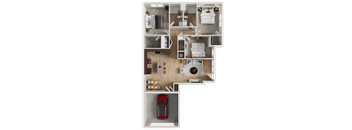 Two bedroom apartment 3D floor plan at Woodlands at Abington Station Apartments, Abington