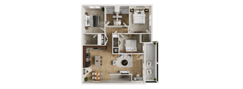 Two bedroom apartment 3D floor plan at Woodlands at Abington Station Apartments