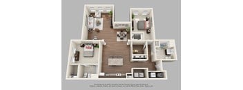A 3D floor plan of a house with multiple rooms and furniture.