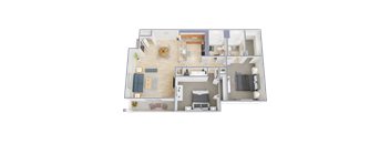 A 3D floor plan of a house showing a living room, kitchen, dining area, and bedrooms.