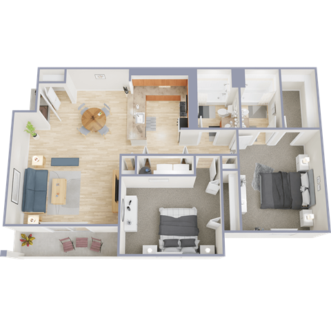 A 3D floor plan of a house showing a living room, kitchen, dining area, and bedrooms.