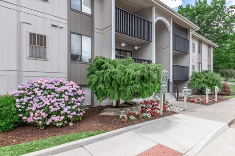 a sidewalk in front of an apartment building with flowers and trees
