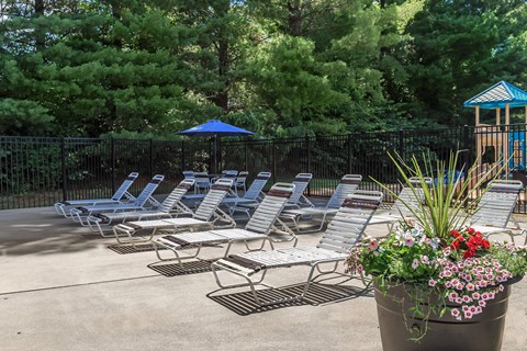 a group of lounge chairs in front of a pool