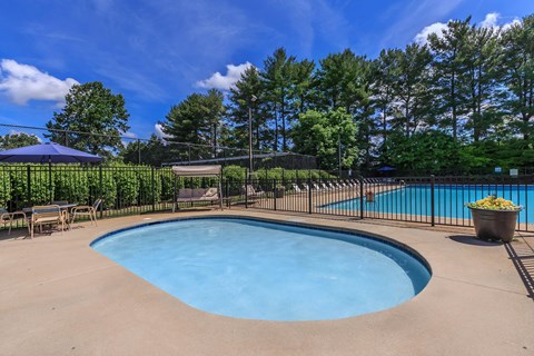 our resort style swimming pool is surrounded by a wrought iron fence