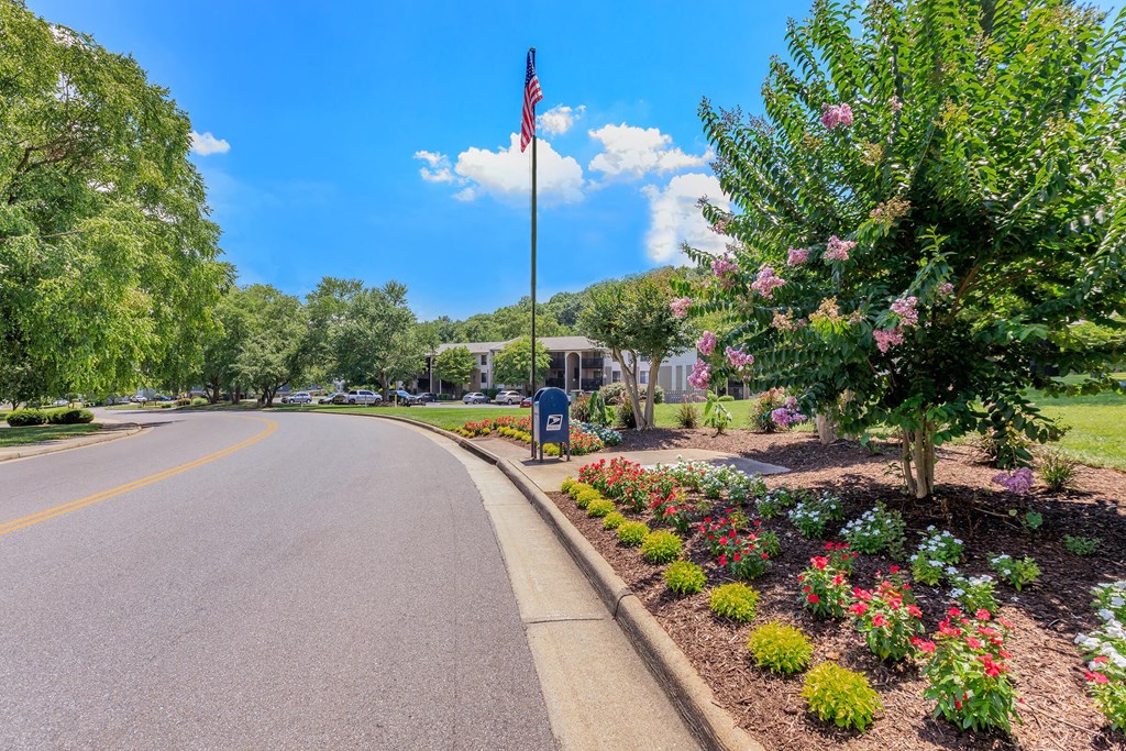 a street with a flag and flowers on the side of a road