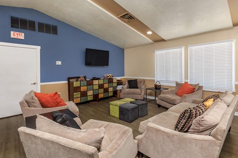 a living room with couches and chairs and a tv