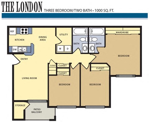 Bridgeside Landing Apartments,  Taylorsville, Utah, floor plan for three bedroom, two bathroom apartment, approx. 1600 square feet.