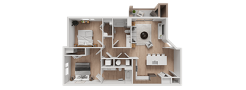 Liberty Sage Apartments, Park City, Utah, 2 Bedroom Desert floor plan, A 3D rendered image of a small apartment layout.