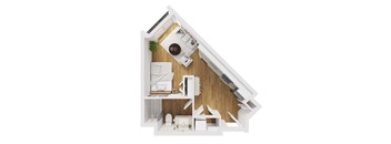 Liberty Blvd Apartments, Salt Lake City, UT, Floor Plan Hylan A top down view of a small apartment with a kitchen, living room, and a bedroom.