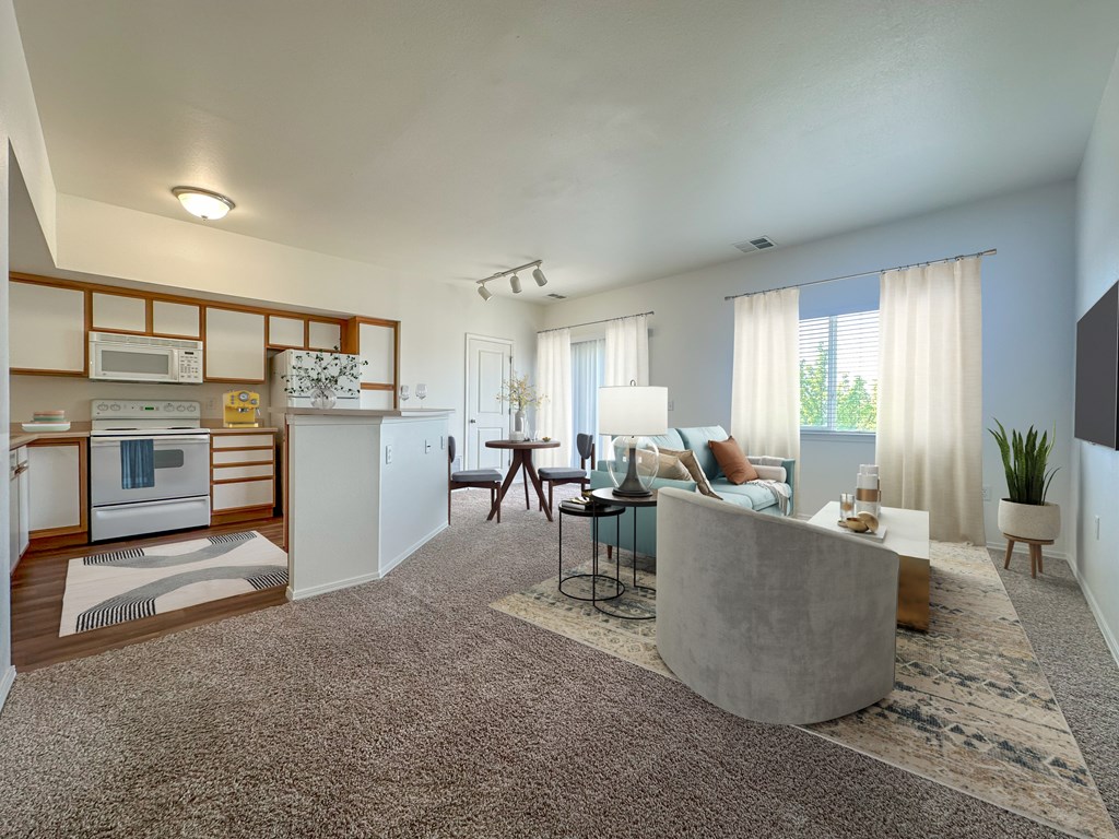 Liberty Hill Apartments, Draper, Utah,  living room with a grey carpet and a white sofa.