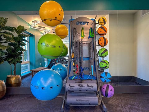 Liberty Duet Apartments, Salt Lake City, Utah; fitness center, bands, balls