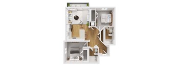 Liberty Blvd Apartments, Salt Lake City, UT, Floor Plan Lewis A white and wood floor plan of a house with a kitchen, living room, and bathroom.